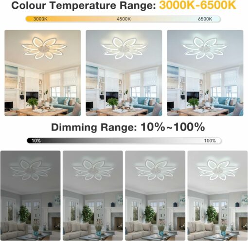 90 cm Lampadario Ventilatore da Soffitto Con Telecomando Led Dimmerabile Pale da Soffitto Design DC Plafoniera Fiore Led Reversibile 6 Velocità Lampadari a Ventola per Camera da Letto Cucina,Bianco