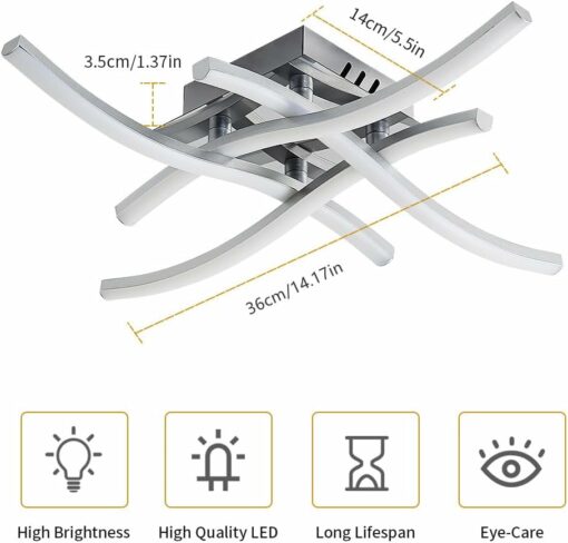 Pheashion Plafoniera LED Dimmerabile, 28W Lampada da Soffitto LED Camera da Letto con Telecomando, 3000K-6500K Lampadario Moderno a Soffitto Curvo Cromato per Soggiorno, Corridoio, Studio (Argento)