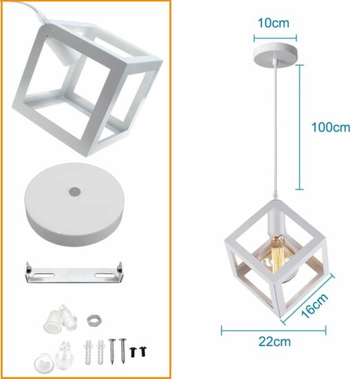 iDEGU Lampadario a sospensione moderno a Forma di Cubo Stile Geometrico E27 Lampada da Soffitto Vintage in Metallo per camera da letto, soggiorno, ristorante - 16cm, Bianco