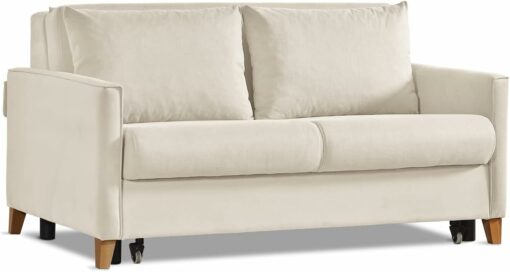 EVERGREENWEB - Divano Letto 2 posti con letto estraibile e spalliera reclinabile, Divano di design Moderno zampe di legno e cuscini in omaggio, Braccioli Slim, Materasso 140x190 - Margot (Beige)