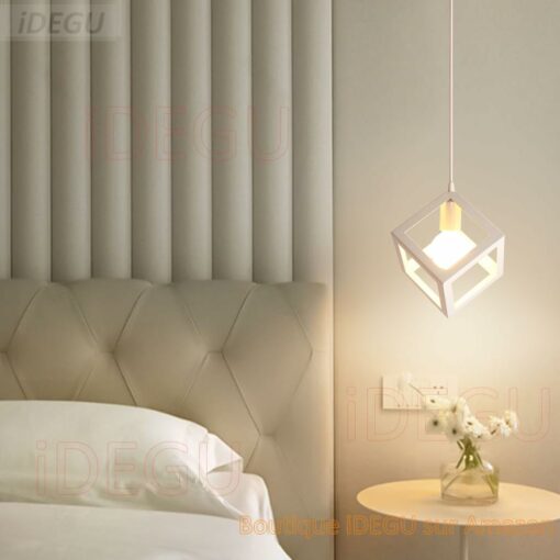 iDEGU Lampadario a sospensione moderno a Forma di Cubo Stile Geometrico E27 Lampada da Soffitto Vintage in Metallo per camera da letto, soggiorno, ristorante - 16cm, Bianco