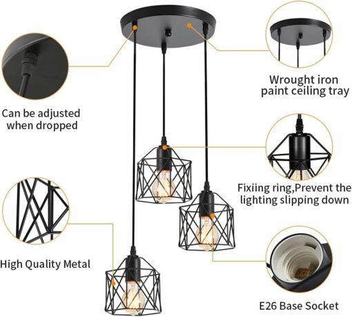 3 Luci Lampadario a Sospensione Industriale E27 Nero Geometrico a Semi-Incasso Apparecchio di Illuminazione a Soffitto per Cucina, Sala da Pranzo, Corridoio, Porta (Lampadina Non Inclusa)