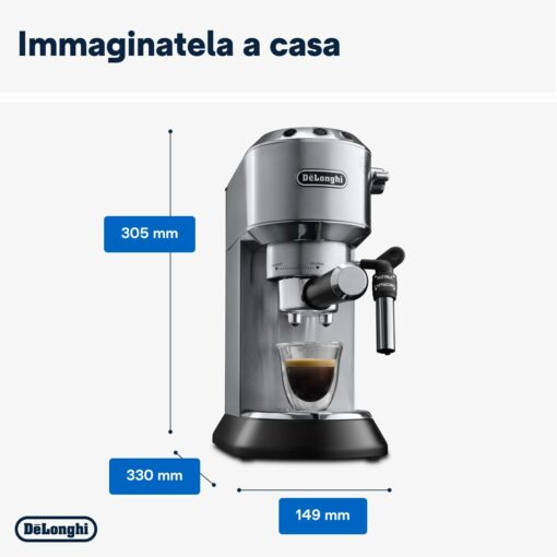 De'Longhi Dedica EC685.M Macchina Caffè Espresso Manuale, Caffè Polvere o Cialde E.S.E., Montalatte classico per Cappuccini, Spegnimento Automatico, Serbatoio 1L, Filtro Singolo/Doppio, Metal