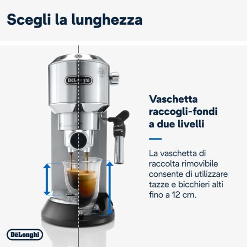 De'Longhi Dedica EC685.M Macchina Caffè Espresso Manuale, Caffè Polvere o Cialde E.S.E., Montalatte classico per Cappuccini, Spegnimento Automatico, Serbatoio 1L, Filtro Singolo/Doppio, Metal