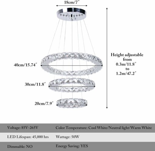 Lampadario a LED moderno a 3 anelli regolabile in acciaio inox, per camera da letto, soggiorno (bianco freddo)