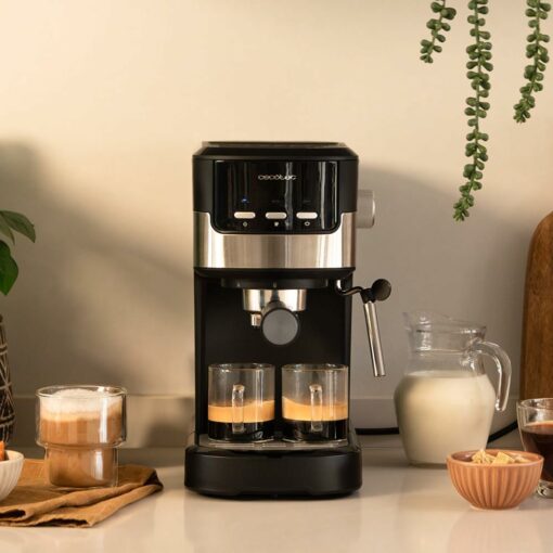 Cecotec Macchina da Caffè Espresso Compact Power Espresso 20 Pecan 1100 W, 20 bar, sistema Thermoblock, vaporizzatore orientabile, braccio portafiltri con doppia uscita e 2 filtri, 1,25 litri