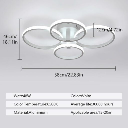 DELIPOP Plafoniera LED Soffitto Moderna, 48W 5400LM Lampada da Soffitto, Plafoniere 4 Rotonda Anello Acrilico, Bianco Lampadario per Cucina, Soggiorno, Camera da Letto, Ufficio, Bianco Freddo 6500K