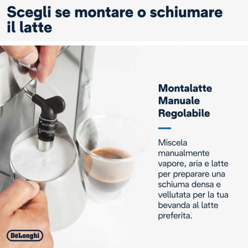 De'Longhi Dedica EC685.M Macchina Caffè Espresso Manuale, Caffè Polvere o Cialde E.S.E., Montalatte classico per Cappuccini, Spegnimento Automatico, Serbatoio 1L, Filtro Singolo/Doppio, Metal