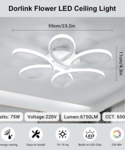 Dorlink Plafoniera LED Soffitto Moderna, 75W 6750LM Lampadario LED Camera da Letto, Lampadario Soggiorno Fiore Curvo, Lampadario LED, Lampadari LED Cucina 6500K Bianco Freddo, Ø59CM