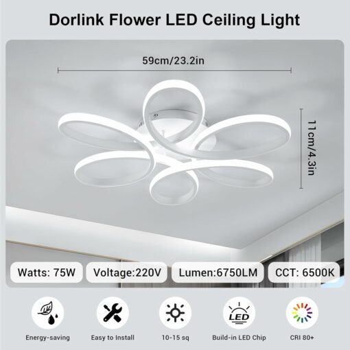 Dorlink Plafoniera LED Soffitto Moderna, 75W 6750LM Lampadario LED Camera da Letto, Lampadario Soggiorno Fiore Curvo, Lampadario LED, Lampadari LED Cucina 6500K Bianco Freddo, Ø59CM