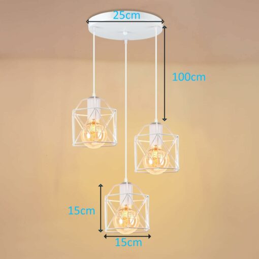 iDEGU Lampadario a sospensione Vintage, 3 Luci Lampade a Sospensione E27 in Metallo Ø15 Gabbia Design Esagono Retrò Lampada da Soffitto per Camera da Letto, Cucina, Sala da Pranzo (25cm Base, Bianco)