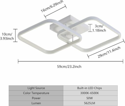 Osairous Plafoniera LED Soffitto Dimmerabile, 50W 5625LM Lampadario LED Soffitto con Telecomando 3000K-6500K, Quadrata Plafoniere Camera da Letto Moderna per Cucina Soggiorno Corridoio, 59CM