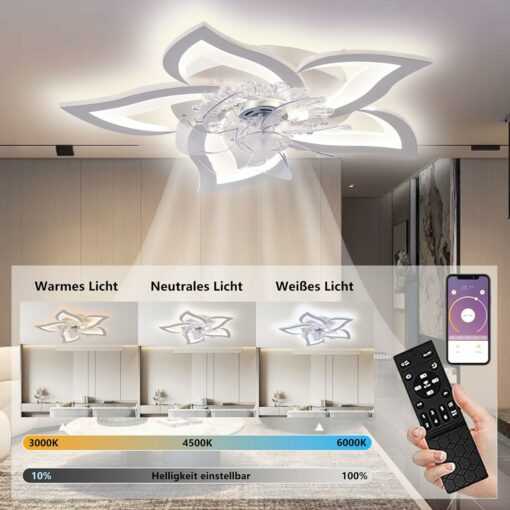 Ventilatore da soffitto silenzioso a LED con illuminazione,plafoniera da camera da letto 50W,con telecomando e lampada dimmerabile APP con ventilatore Paralume in acrilico a forma di fiore Lampade