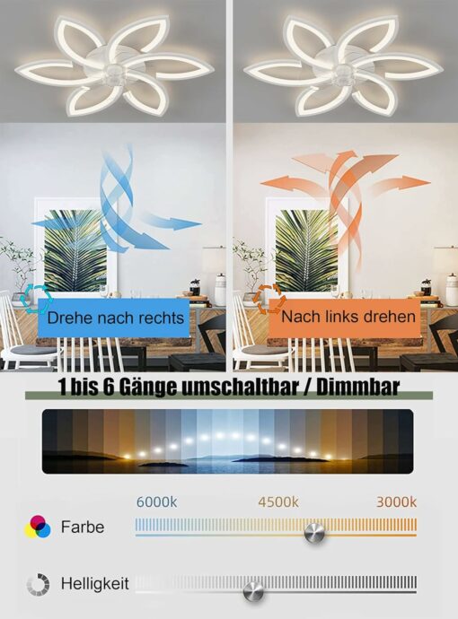 DIDADIDA Ventilatore da soffitto silenzioso con luce con telecomando e APP dimmerabile luce colore luminosità 70W plafoniera creativa a forma di fiore in acrilico con ventola (Bianco)