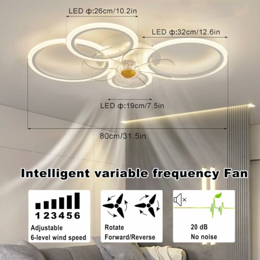 Plafoniera con Ventilatore, Ventilatori a Soffitto con luci, Ventilatore da soffitto a LED Dimmerabile con Telecomando App per Soggiorno, Camera da letto, Sala da pranzo, 6 Velocità, Timer (Bianco)