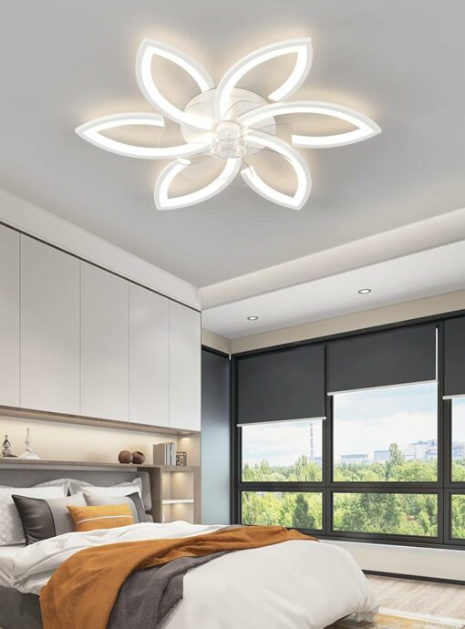 DIDADIDA Ventilatore da soffitto silenzioso con luce con telecomando e APP dimmerabile luce colore luminosità 70W plafoniera creativa a forma di fiore in acrilico con ventola (Bianco)