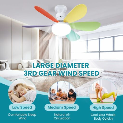 Ventilatore da Soffitto con Luce e Telecomando, 40W E27 LED Dimmerabile Lampadario Ventilatore Soffitto con Lampada Integrato, 6 Pale, 3 Velocità, Silenzioso, per Soggiorno, Camera da Letto (Colorato)