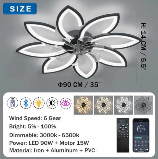 YUNZI Muto Ventilatore da soffitto con Luce con Telecomando, LED Dimmerabile Lampada da soffitto Moderno Illuminazione per Soggiorno Camera da Letto, Regolabile 6 velocità, Nero 90CM