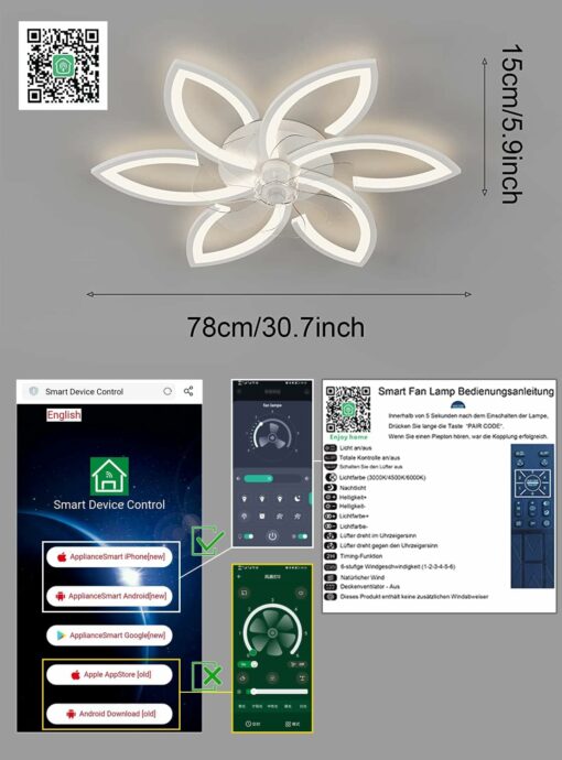 DIDADIDA Ventilatore da soffitto silenzioso con luce con telecomando e APP dimmerabile luce colore luminosità 70W plafoniera creativa a forma di fiore in acrilico con ventola (Bianco)