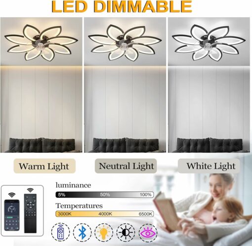 YUNZI Muto Ventilatore da soffitto con Luce con Telecomando, LED Dimmerabile Lampada da soffitto Moderno Illuminazione per Soggiorno Camera da Letto, Regolabile 6 velocità, Nero 90CM