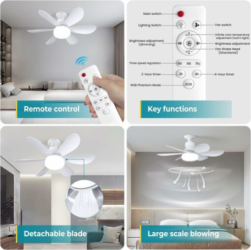 SWBSLL Ventilatore da Soffitto con Luce e Telecomando, Lampadario Ventilatore LED Dimmerabile con Lampada Integrato da 40W E27, 6 Pale, 3 Velocità, Silenzioso, per Soggiorno, Camera da Letto (Bianco)