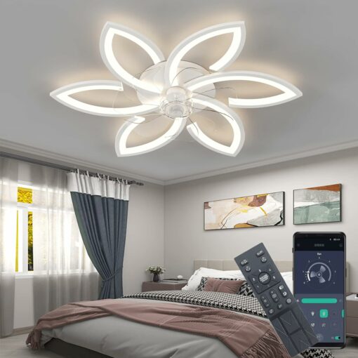 DIDADIDA Ventilatore da soffitto silenzioso con luce con telecomando e APP dimmerabile luce colore luminosità 70W plafoniera creativa a forma di fiore in acrilico con ventola (Bianco)