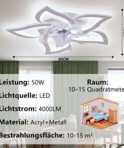 Ventilatore da soffitto silenzioso a LED con illuminazione,plafoniera da camera da letto 50W,con telecomando e lampada dimmerabile APP con ventilatore Paralume in acrilico a forma di fiore Lampade