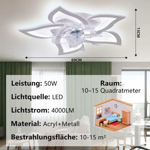 Ventilatore da soffitto silenzioso a LED con illuminazione,plafoniera da camera da letto 50W,con telecomando e lampada dimmerabile APP con ventilatore Paralume in acrilico a forma di fiore Lampade