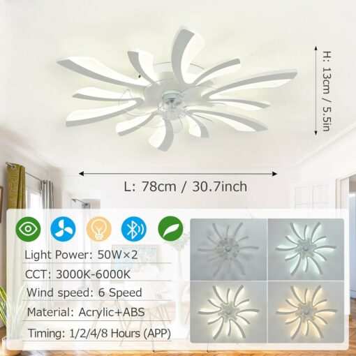 LJX Lampadario con Ventilatore da Soffitto con Telecomando DC Plafoniera con Ventilatore Led Soffitto Silenzioso Dimmerabile Estate e Inverno Cucina Camera da Letto, Bianco