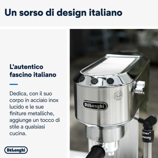 De'Longhi Dedica EC685.M Macchina Caffè Espresso Manuale, Caffè Polvere o Cialde E.S.E., Montalatte classico per Cappuccini, Spegnimento Automatico, Serbatoio 1L, Filtro Singolo/Doppio, Metal