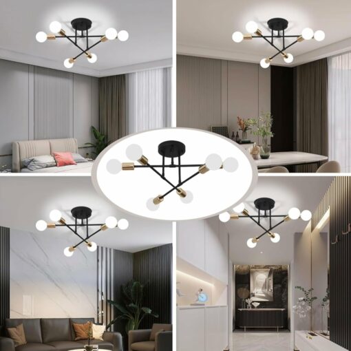 YHTlaeh Lampadario Soffitto Industrial Forma DIY Plafoniera E27 Moderno Lampada da Soffitto in Ferro Vintage per Camera da letto Soggiorno Cucina Corridoio (6T, Nero+Oro)