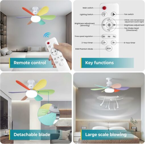 Ventilatore da Soffitto con Luce e Telecomando, 40W E27 LED Dimmerabile Lampadario Ventilatore Soffitto con Lampada Integrato, 6 Pale, 3 Velocità, Silenzioso, per Soggiorno, Camera da Letto (Colorato)