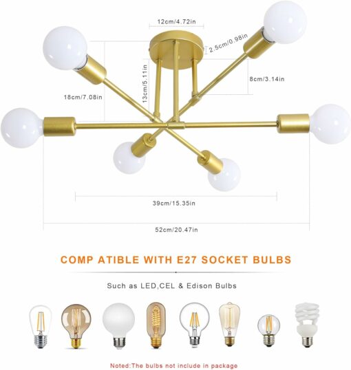 Comely 6 Luci Lampadario Retrò in Metallo Sputnik Industriale Plafoniera E27 Moderno Oro Placcatura in Ottone Lampada da Soffitto Vintage per Soggiorno Camera da Letto Cucina Ristorante