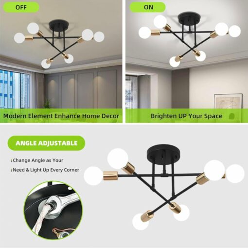 YHTlaeh Lampadario Soffitto Industrial Forma DIY Plafoniera E27 Moderno Lampada da Soffitto in Ferro Vintage per Camera da letto Soggiorno Cucina Corridoio (6T, Nero+Oro)