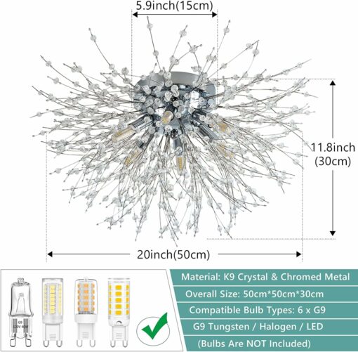 Rayofly Lampade a sospensione Camera Da Letto, Cromo Lampadario Moderno, Plafoniera soffitto con cristalli di fuochi d'artificio, 6 G9, per Soggiorno, Cucina