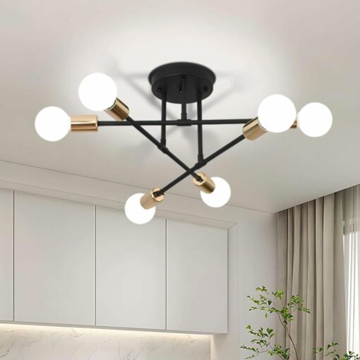 YHTlaeh Lampadario Soffitto Industrial Forma DIY Plafoniera E27 Moderno Lampada da Soffitto in Ferro Vintage per Camera da letto Soggiorno Cucina Corridoio (6T, Nero+Oro)