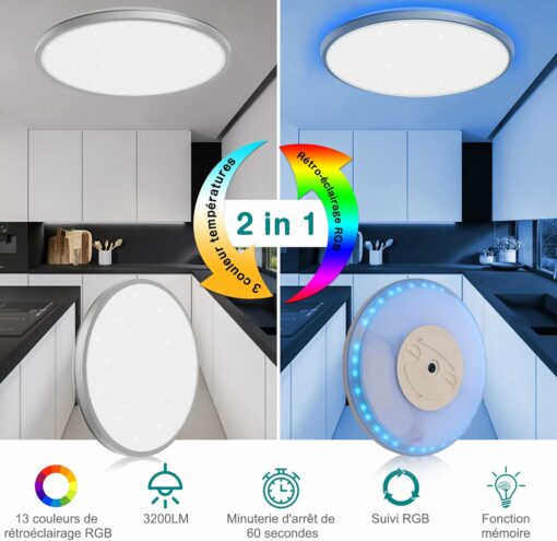 Plafoniera LED Soffitto Moderna, 24W Lampadario per Camera da Letto 3200LM Ø29,5cm, Lampada LED Soffitto RGB Dimmerabile Con Telecomando 13 Cambia Colore, Plafoniera Bagno lP54 Impermeabile , Cucina