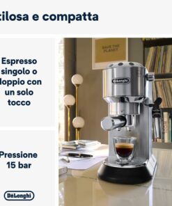 De'Longhi Dedica EC685.M Macchina Caffè Espresso Manuale, Caffè Polvere o Cialde E.S.E., Montalatte classico per Cappuccini, Spegnimento Automatico, Serbatoio 1L, Filtro Singolo/Doppio, Metal