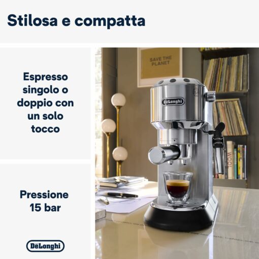 De'Longhi Dedica EC685.M Macchina Caffè Espresso Manuale, Caffè Polvere o Cialde E.S.E., Montalatte classico per Cappuccini, Spegnimento Automatico, Serbatoio 1L, Filtro Singolo/Doppio, Metal