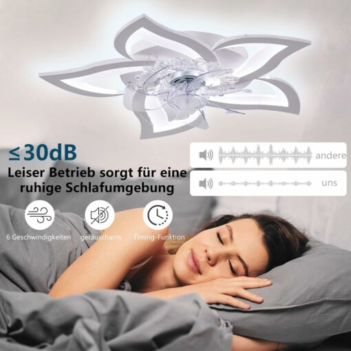 Ventilatore da soffitto silenzioso a LED con illuminazione,plafoniera da camera da letto 50W,con telecomando e lampada dimmerabile APP con ventilatore Paralume in acrilico a forma di fiore Lampade