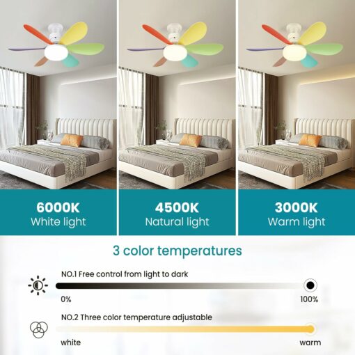 Ventilatore da Soffitto con Luce e Telecomando, 40W E27 LED Dimmerabile Lampadario Ventilatore Soffitto con Lampada Integrato, 6 Pale, 3 Velocità, Silenzioso, per Soggiorno, Camera da Letto (Colorato)