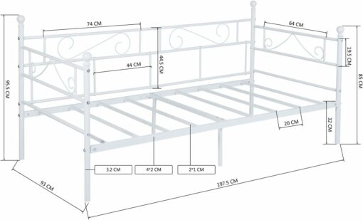 FetiNes Divano Letto Singolo in Metallo Struttura Letti e Basi in Ferro Battuto per Adulti 90x190cm Bianco