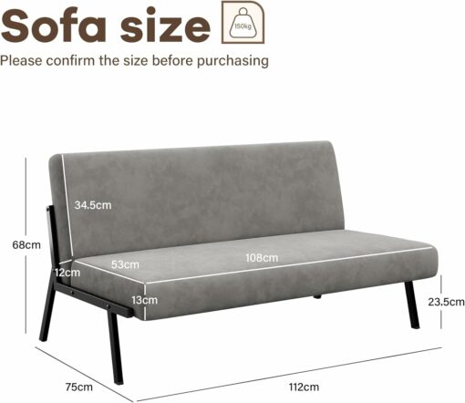 Dripex Divano a 2 posti, in tessuto, moderno, con telaio in metallo, divano lounge con schienale, divano doppio per soggiorno, camera da letto, portata 150 kg, 112 x 75 x 68 cm, grigio