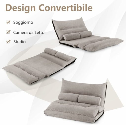 COSTWAY Divano da Terra Pieghevole, Divano Letto 2 Posti con Schienale Regolabile, Divano da Pavimento Trasformabile con 2 Cuscini per Camera da Letto Salone Balcone (Grigio)