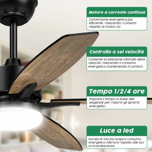 Mefine Ventilatore da Soffitto con Luce e Telecomando Silenzioso, Ventilatori da Soffitto 106 cm con Lampada a LED con 5 pale in Legno, Venature del Legno/Nero per Camera da Letto, Soggiorno