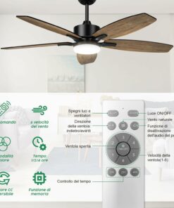 Mefine Ventilatore da Soffitto con Luce e Telecomando Silenzioso, Ventilatori da Soffitto 106 cm con Lampada a LED con 5 pale in Legno, Venature del Legno/Nero per Camera da Letto, Soggiorno