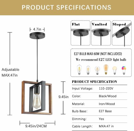 Illuminazione del soggiorno,moderna in legno e metallo da cucina Lampadario nero, E27 Illuminazione del soffitto del tavolo da biliardo, altezza regolabile Lampada a sospensione della fattoria