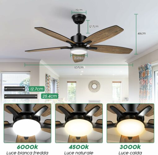 Mefine Ventilatore da Soffitto con Luce e Telecomando Silenzioso, Ventilatori da Soffitto 106 cm con Lampada a LED con 5 pale in Legno, Venature del Legno/Nero per Camera da Letto, Soggiorno