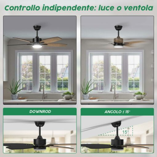 Mefine Ventilatore da Soffitto con Luce e Telecomando Silenzioso, Ventilatori da Soffitto 106 cm con Lampada a LED con 5 pale in Legno, Venature del Legno/Nero per Camera da Letto, Soggiorno