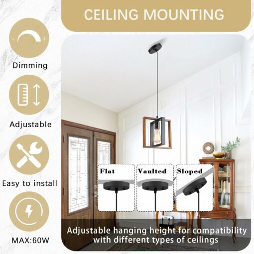 Illuminazione del soggiorno,moderna in legno e metallo da cucina Lampadario nero, E27 Illuminazione del soffitto del tavolo da biliardo, altezza regolabile Lampada a sospensione della fattoria